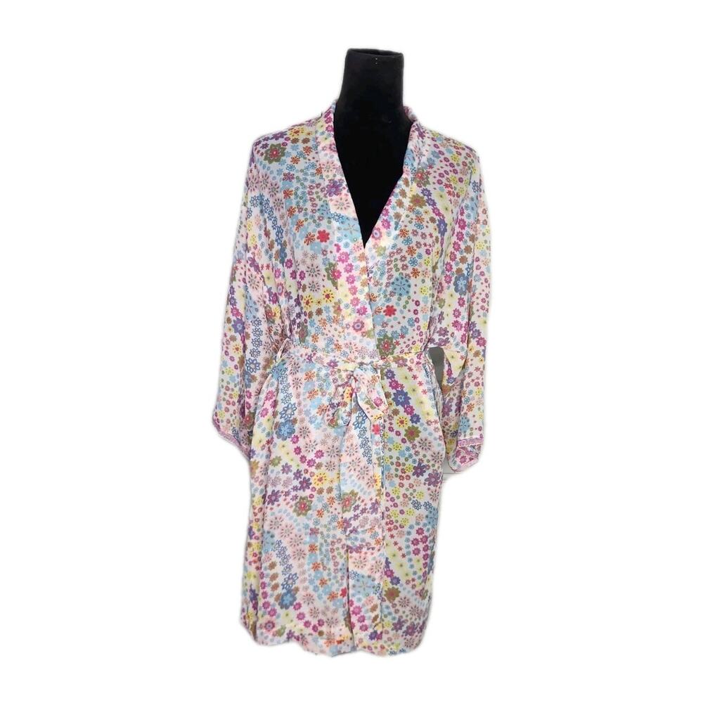 Josie Natori Multicolor Foral 70s Hippie Semi Sheer Belted Kimono Robe Size M